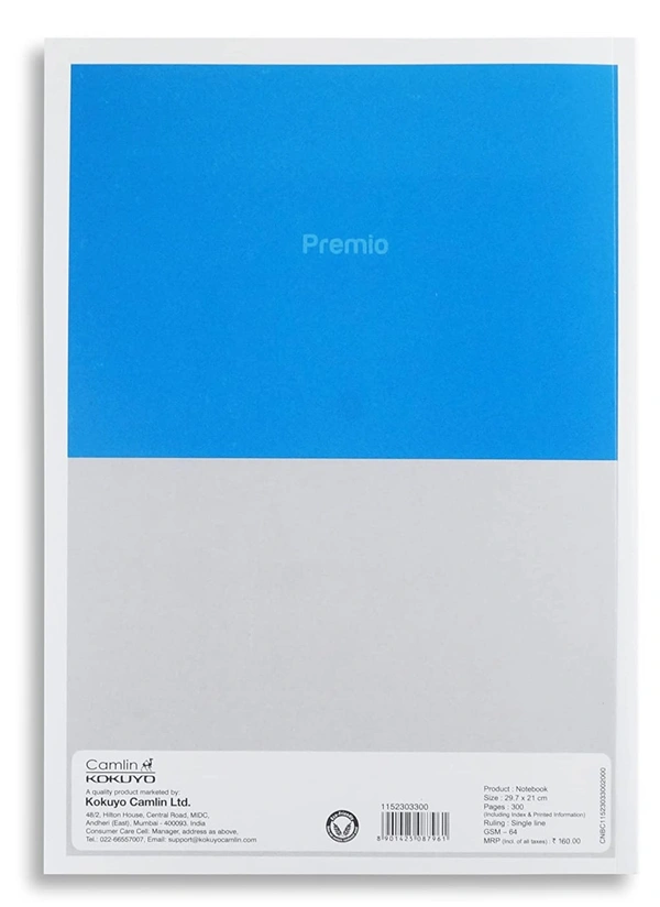 CAMLIN PREMIO A4 (297*210) 64 GSM SINGLE LINE 300 PAGES NOTEBOOK - Blue