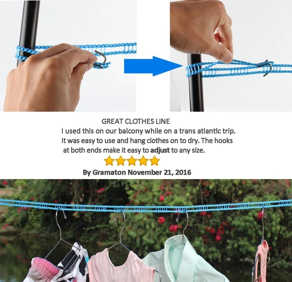 Portable Travel Clothesline, 16-ft Clothes Drying Line Adjustable for Indoor Outdoor, Windproof Non-Slip Clothes Line, Clotheslines for Camping Travel and Home Use (Random Colour)