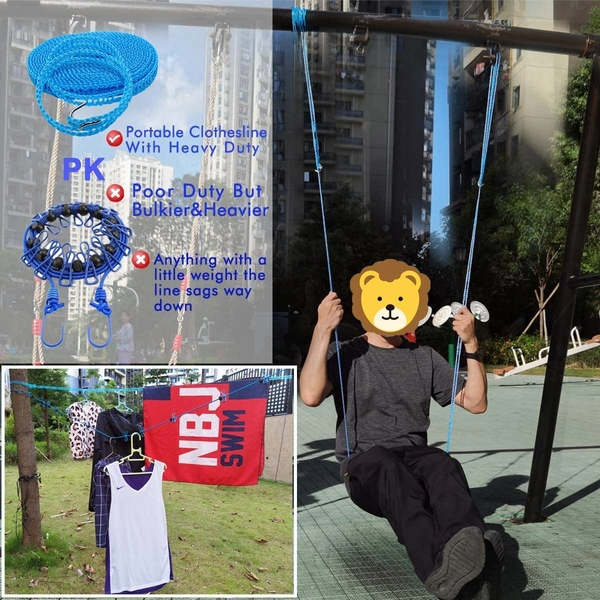 Portable Travel Clothesline, 16-ft Clothes Drying Line Adjustable for Indoor Outdoor, Windproof Non-Slip Clothes Line, Clotheslines for Camping Travel and Home Use (Random Colour)