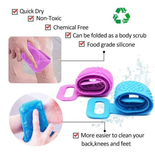 Silicone Body Back Scrubber, Double Side Bathing Brush for Skin Deep Cleaning Massage, Dead Skin Removal Exfoliating Belt for Shower, Easy to Clean, Lathers Well for Men & Women (Multicolour)