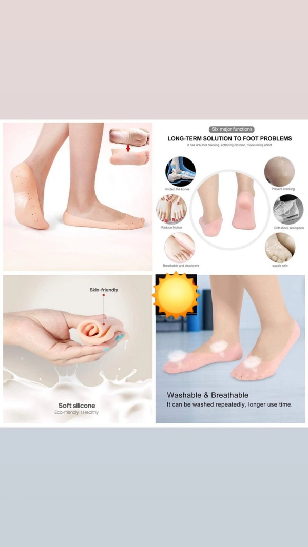 Anti Crack Heel Full Length SocksThese full-length silicone socks pads are self-sticky. When you wear them, alone, they don't slip but provide cushioning and support to your ankles and heel, thus protecting your feet. They fit well in all kinds of shoes with or without socks.Price- 290
