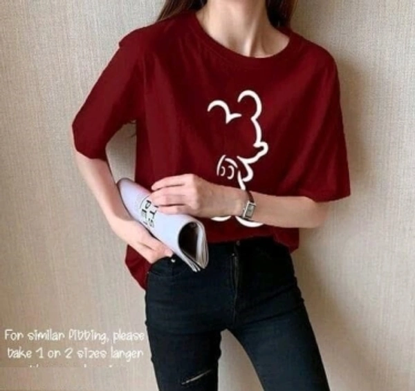 Casual Printed Women Blue TopColor: Black, Maroon, Musatrd, Navy Blue, Red, WhiteSize: S, M, L, XLColor Code :Navy BlueStyle Code :KE8149-Red MickeySize :LFabric :Cotton BlendOccasion :CasualNeck :Round NeckPattern :Printed7 Days Return Policy, No questions asked. - Maroon, L