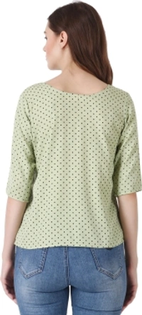 Casual Polka Print Women Green TopColor: Black, Green, Maroon, Navy, WhiteSize: S, M, L, XLColor Code :GreenStyle Code :SPY_108_GreenSize :MFabric :CrepeOccasion :CasualFabric Care :Regular Machine WashPattern :Polka Print7 Days Return Policy, No questions asked. - S