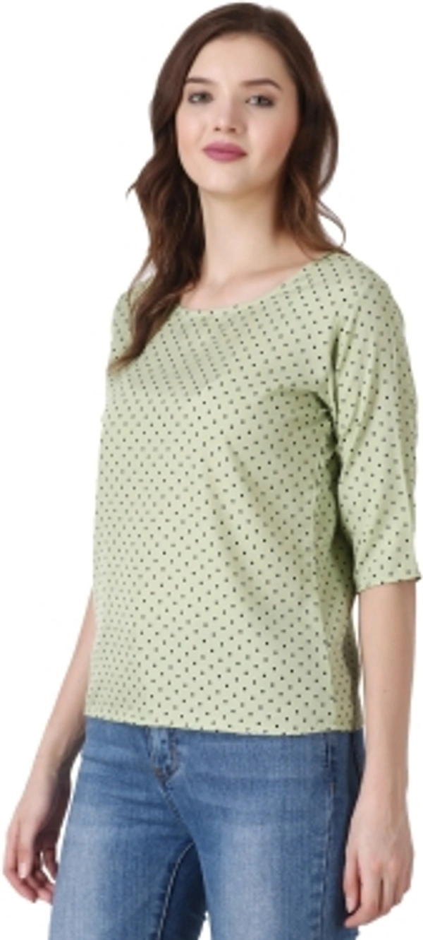 Casual Polka Print Women Green TopColor: Black, Green, Maroon, Navy, WhiteSize: S, M, L, XLColor Code :GreenStyle Code :SPY_108_GreenSize :MFabric :CrepeOccasion :CasualFabric Care :Regular Machine WashPattern :Polka Print7 Days Return Policy, No questions asked. - S