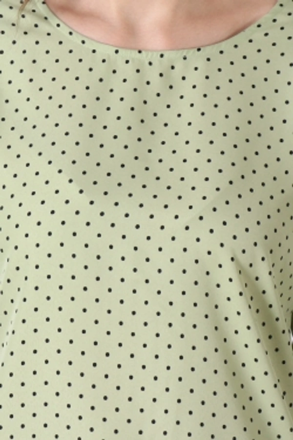 Casual Polka Print Women Green TopColor: Black, Green, Maroon, Navy, WhiteSize: S, M, L, XLColor Code :GreenStyle Code :SPY_108_GreenSize :MFabric :CrepeOccasion :CasualFabric Care :Regular Machine WashPattern :Polka Print7 Days Return Policy, No questions asked. - S