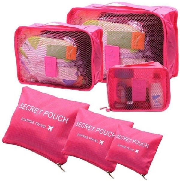 Travel Organizer Packing Cube Set ( 3 Pcs Mesh Bag +3 Pcs Storage Pouch) - Pink