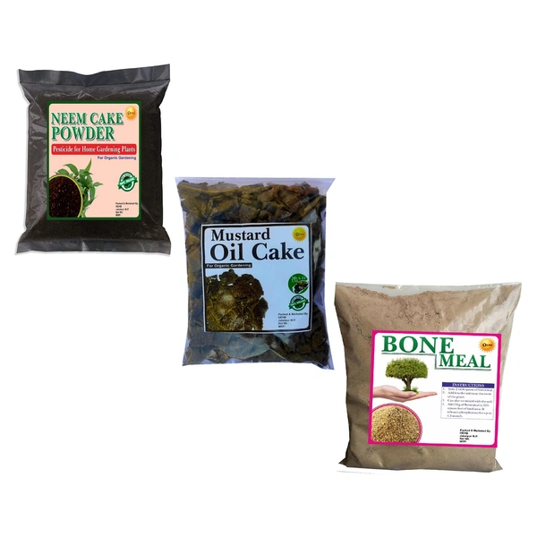 OEHB Organic Bone Meal 900g, neem cake 900g, and Mustard 900g