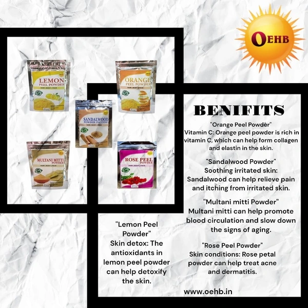 OEHB Natural 5in1 Orange Peel Lamon Peel Rose Peel Sandalwood amd Multani Mitti Powder Each 50g - FREE