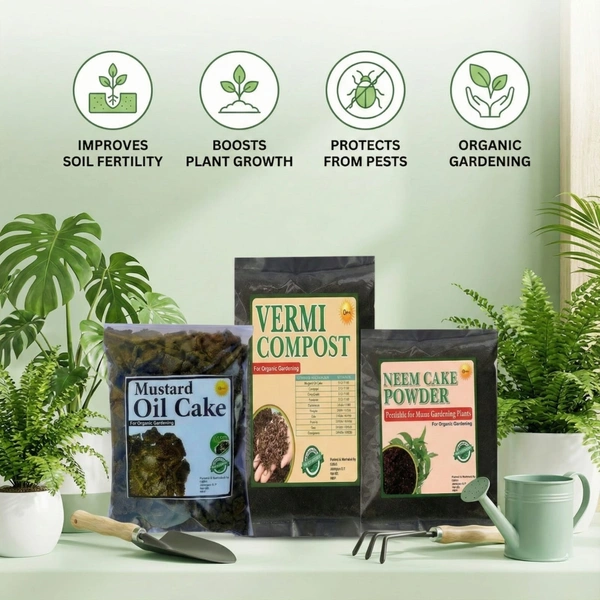 OEHB 3 in 1 100% Organic Neem Cake Powder 450gm, Vermicompost 900gm and Mustard Oil Cake 450gm (Total 1800gm) for Plant || Trace Garden || Indoor and Outdoor Plant