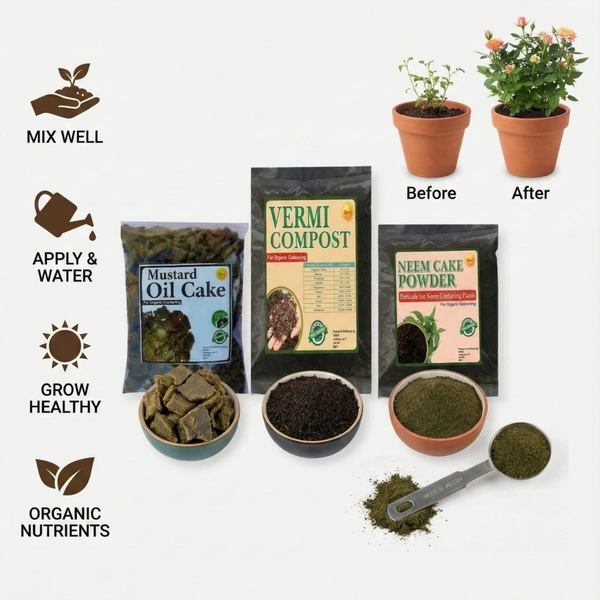 OEHB 3 in 1 100% Organic Neem Cake Powder 450gm, Vermicompost 900gm and Mustard Oil Cake 450gm (Total 1800gm) for Plant || Trace Garden || Indoor and Outdoor Plant