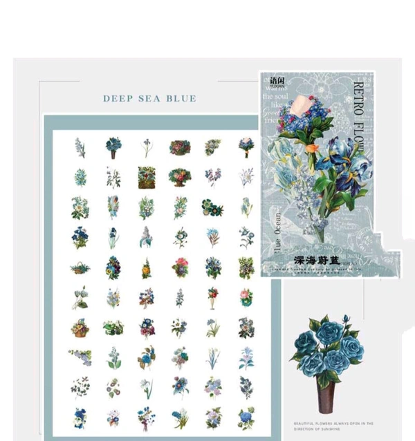 Retro Flower Sticker (60pc) Ocean Blue 