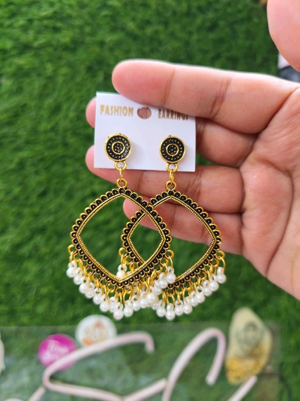 Resin Jhumka Base Pair White Beads Golden 