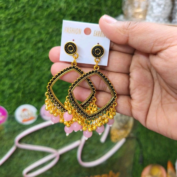 Resin Jhumka Base Pair Square Golden(onion Pink Beads) 