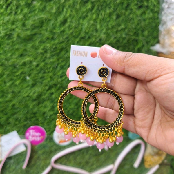 Resin Jhumka Base Pair Round Golden(onion Pink Beads) 