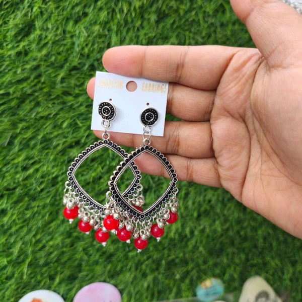 Resin Jhumka Base Pair Square Silver(red Baeds) 