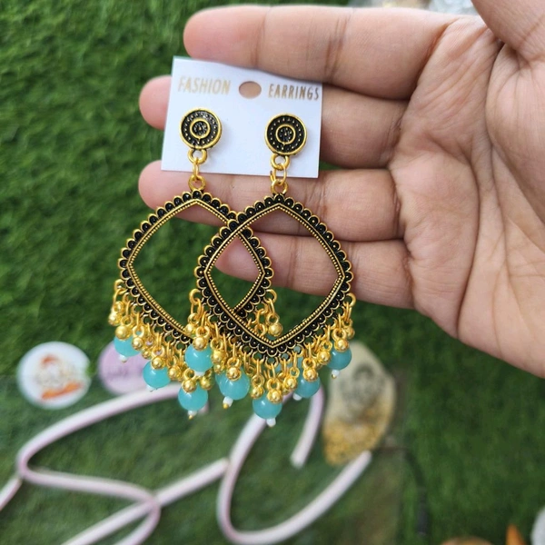 Resin Jhumka Base Pair Square Golden (Sky Blue Beads) 