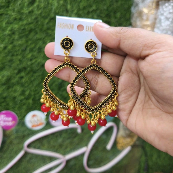 Resin Jhumka Base Square Golden (Red Bead) 