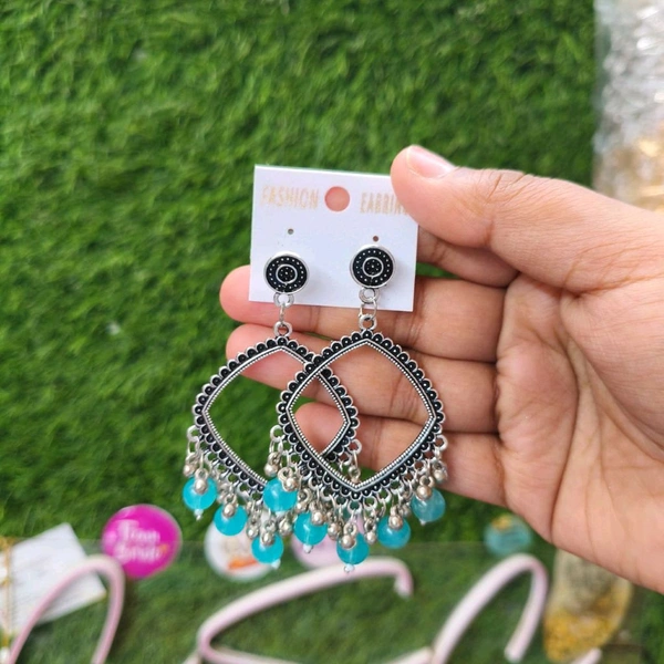 Resin Jhumka Base Pair Square Silver (Sky Blue Beads) 