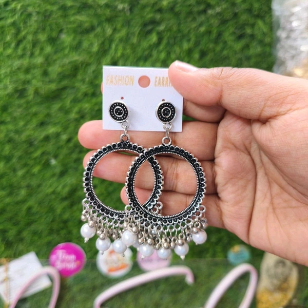 Resin Jhumka Base Pair Round Silver (White Beads) 