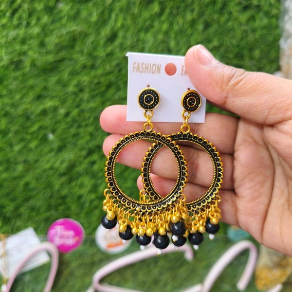 Resin Jhumka Base Pair Round Golden (Black Beads) 