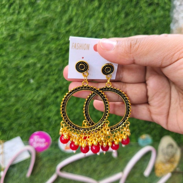 Resin Jhumka Base Pair Round Golden (Red Beads) 