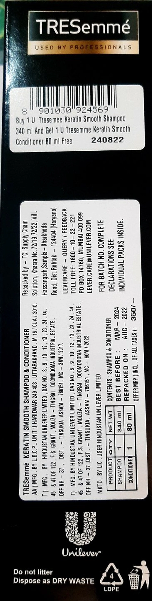 TRESemmé Keratin Smooth Shampoo 340ml + Conditioner 80ml