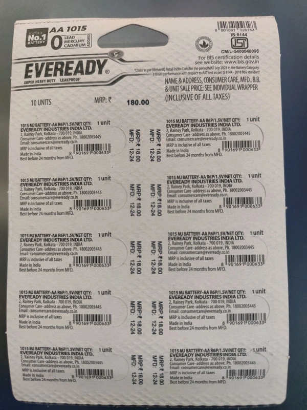 Eveready AA- Mrp 18, Price 11.5/Pcs  [Pack Of 10PCS]