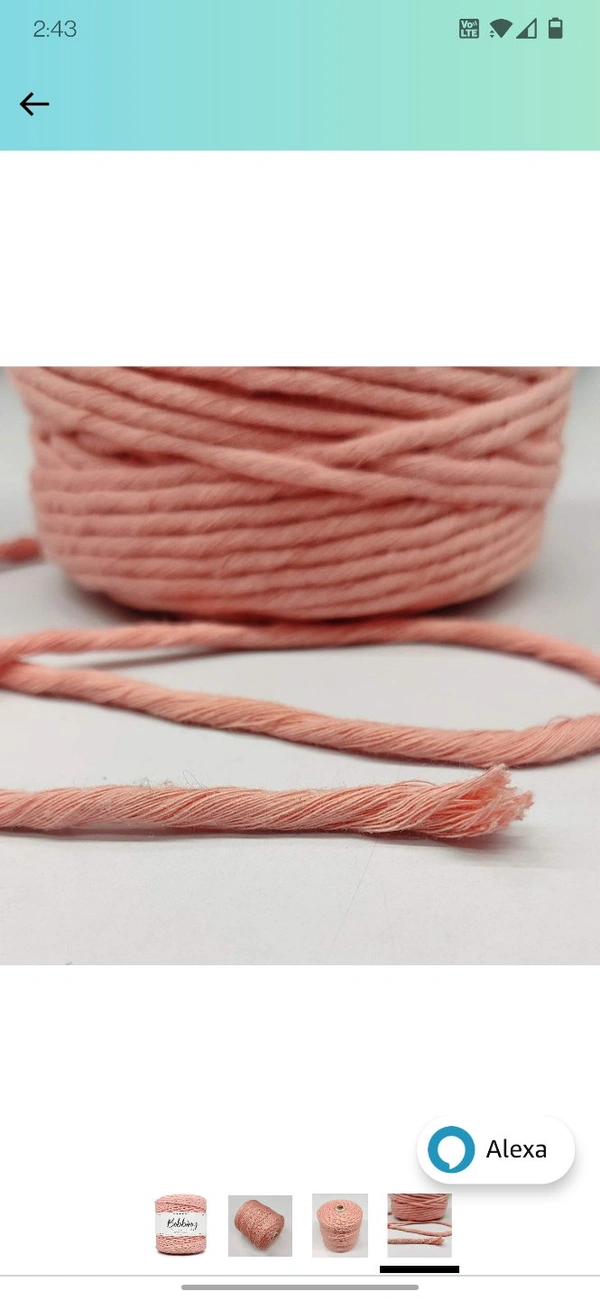 Macrame Cotton Single Strand 4 MM 100 Mtr - 100 mtr, Peach