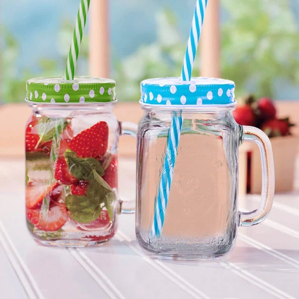0760 Drinking Cup/Glass/Mug Mason Jar with Handle & Straw