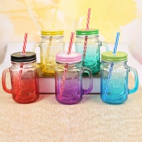 0760 Drinking Cup/Glass/Mug Mason Jar with Handle & Straw