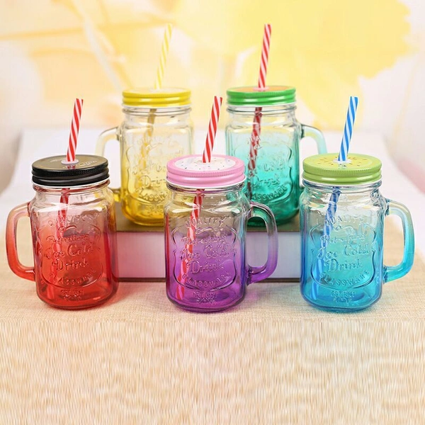 0760 Drinking Cup/Glass/Mug Mason Jar with Handle & Straw
