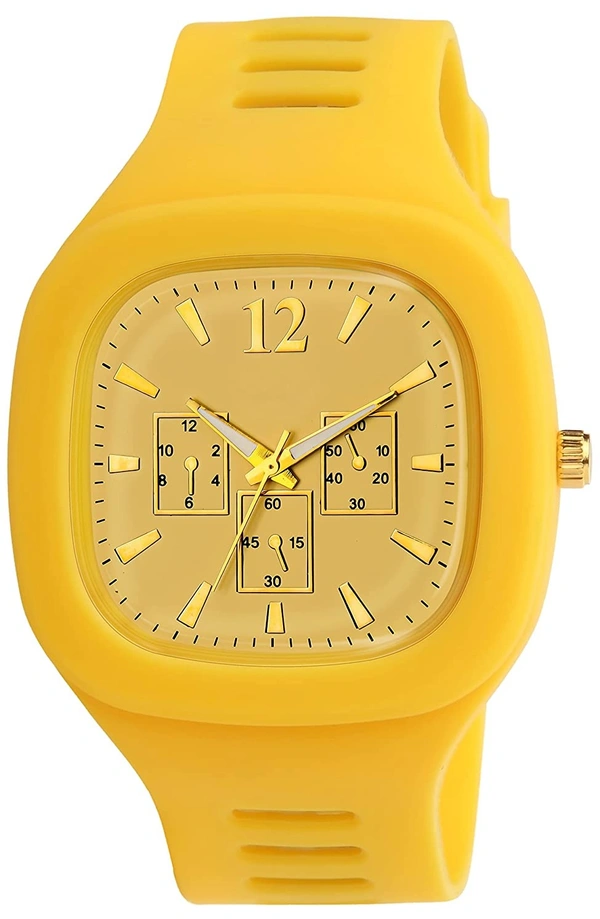 MVS Square Multi Dial Analog Silicon Strap Stylish Designer Analog Watch - for Boys - Yellow