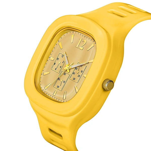 MVS Square Multi Dial Analog Silicon Strap Stylish Designer Analog Watch - for Boys - Yellow
