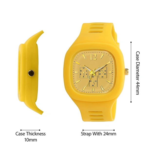 MVS Square Multi Dial Analog Silicon Strap Stylish Designer Analog Watch - for Boys - Yellow