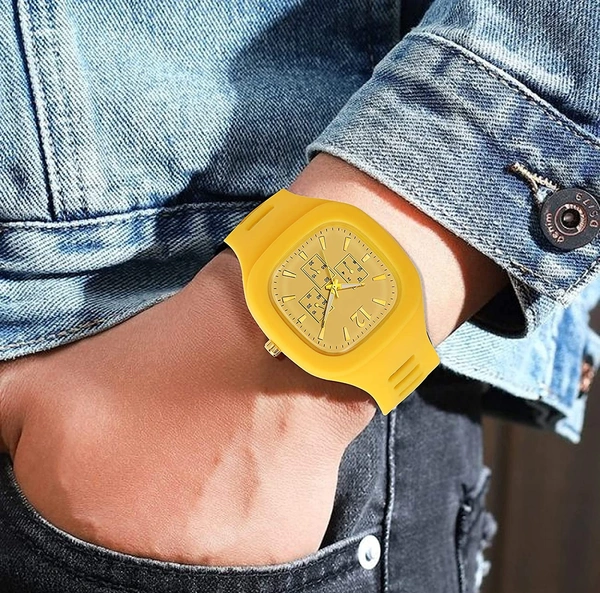MVS Square Multi Dial Analog Silicon Strap Stylish Designer Analog Watch - for Boys - Yellow