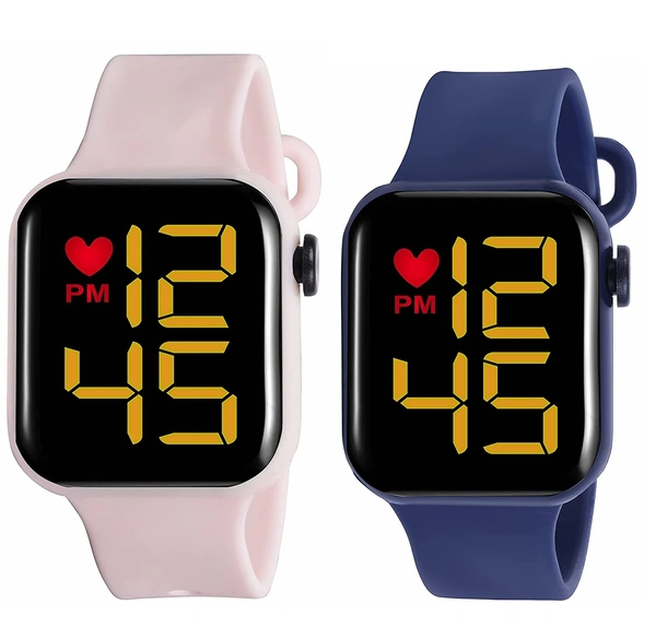 MVS LED Square Digital Watch for Girls/Boys Combo Of ( 2 Pack ) - Peach & Blue