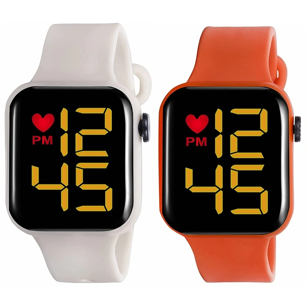 MVS LED Square Digital Watch for Girls/Boys Combo Of ( 2 Pack ) - White & Orange