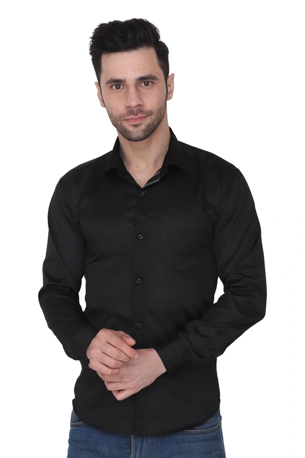 MVS Men's Cotton Blend | Regular Fit | Solid Plain Colors | Formal Shirt | Full Sleeve - Black, L