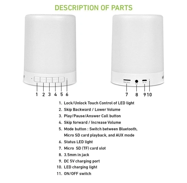 MVS Wireless Speaker With Smart Touch Function 5 W Bluetooth Speaker/ Touch Lamp. - White, Standard