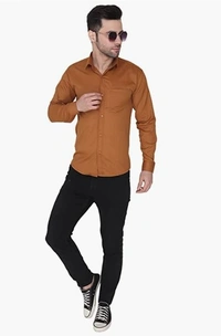 MVS Men's Cotton Blend | Regular Fit | Solid Plain Colors | Formal Shirt | Full Sleeve - Brown, M