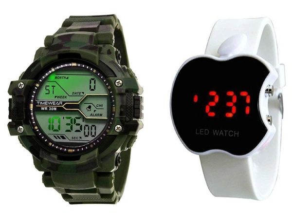 MVS LED Digital Army Sports Light , Shock Resistant With Free Apple Shape Dial Digital Watch - Green