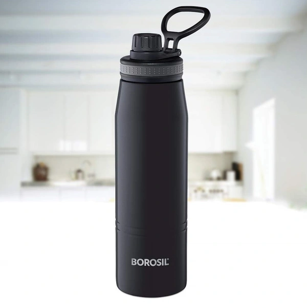 Borosil Gosport 600 ML Stainless Steel - Vacuum Insulated Flask Water Bottle, Black