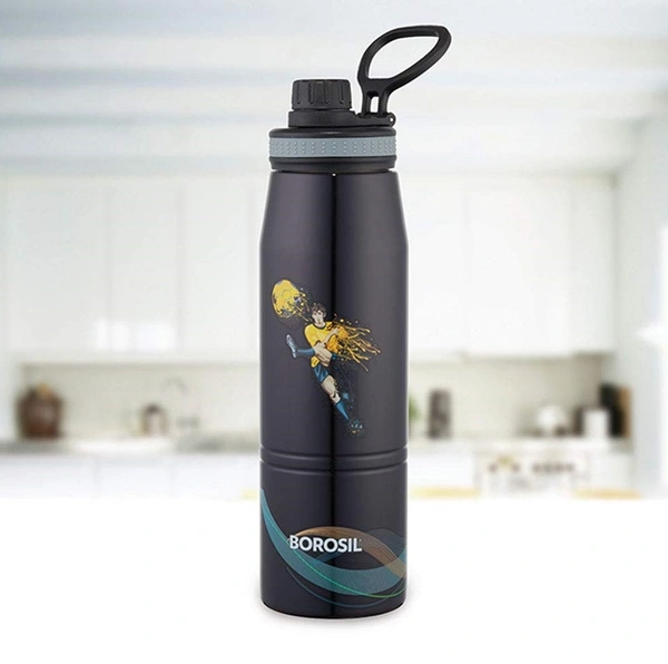 Borosil Gosport Football 900 ML Stainless Steel - Vacuum Insulated Flask Water Bottle, Black
