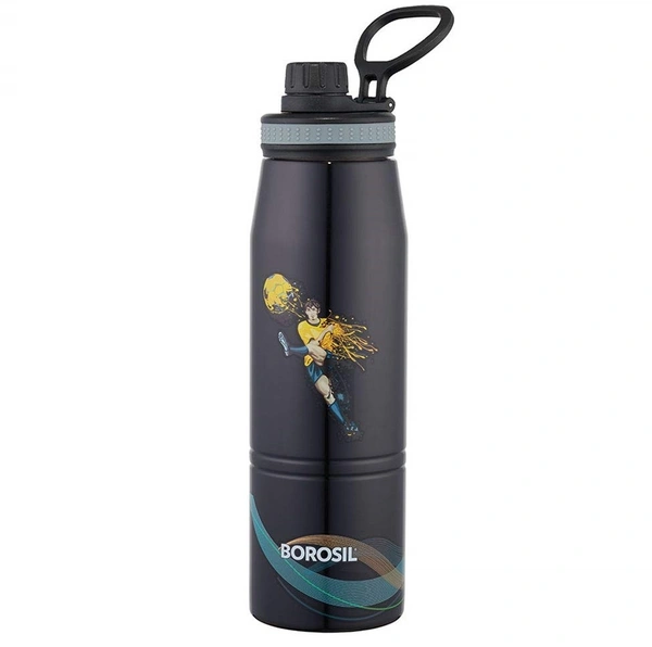 Borosil Gosport Football 900 ML Stainless Steel - Vacuum Insulated Flask Water Bottle, Black