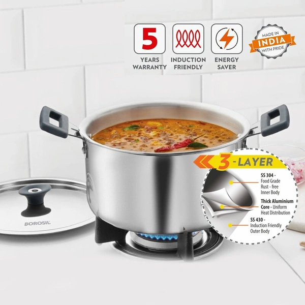 Borosil BOROSIL Cookfresh Cook and Serve Cookware - Triply Casserole With Silicon Handle & Lid - 1.12, 30.8 cm x 21 cm x 12 cm, Silver, Stainless steel Tri-ply body, Casseroles & Kadhais, 1 N SS Casserole, 1 N SS Lid, 1 N User Manual
