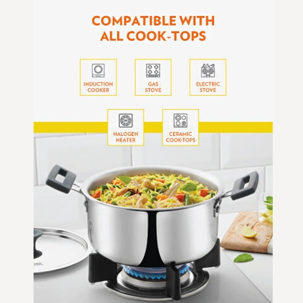 Borosil BOROSIL Cookfresh Cook and Serve Cookware - Triply Casserole With Silicon Handle & Lid - 1.12, 30.8 cm x 21 cm x 12 cm, Silver, Stainless steel Tri-ply body, Casseroles & Kadhais, 1 N SS Casserole, 1 N SS Lid, 1 N User Manual