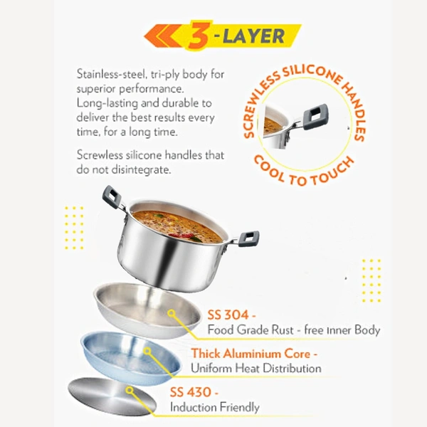 Borosil BOROSIL Cookfresh Cook and Serve Cookware - Triply Casserole With Silicon Handle & Lid - 1.12, 30.8 cm x 21 cm x 12 cm, Silver, Stainless steel Tri-ply body, Casseroles & Kadhais, 1 N SS Casserole, 1 N SS Lid, 1 N User Manual