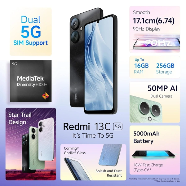 REDMI Redmi 13C 5G | 6GB RAM | 128GB Storage | MediaTek Dimensity 6100+ 5G | 90Hz Display (Starlight Black) - 6 GB