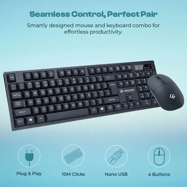LAPCARE Lapcare (WL-102) 2.4GHz Wireless Keyboard & Mouse Combo | USB Nano Receiver | Adjustable 1600 DPI | 2.4G Wireless Tech | Premium Black Finish Rupee Key | Silent Typing | Power Saving Mode | Battery Included | Windows 7/8/10/11 Compatible (BLACK)