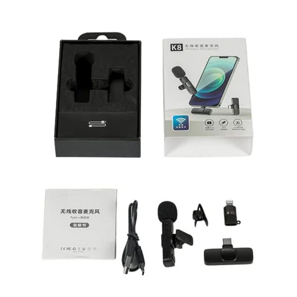 VEV K8 2 in 1 Wireless Microphone, Digital Mini Portable Recording Clip Mic with Receiver for All Type-C Lightning Mobile Phones Camera Laptop for Vlogging YouTube Online Class, Zoom Call (Black)